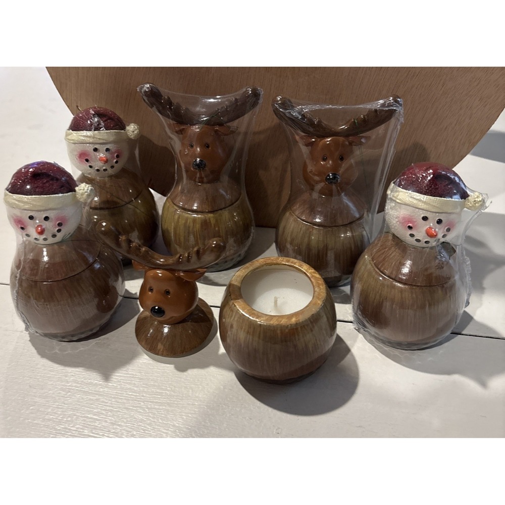 Christmas Candle Decor Snowman & Reindeer Holiday Set 5" Tall Brand New Sealed